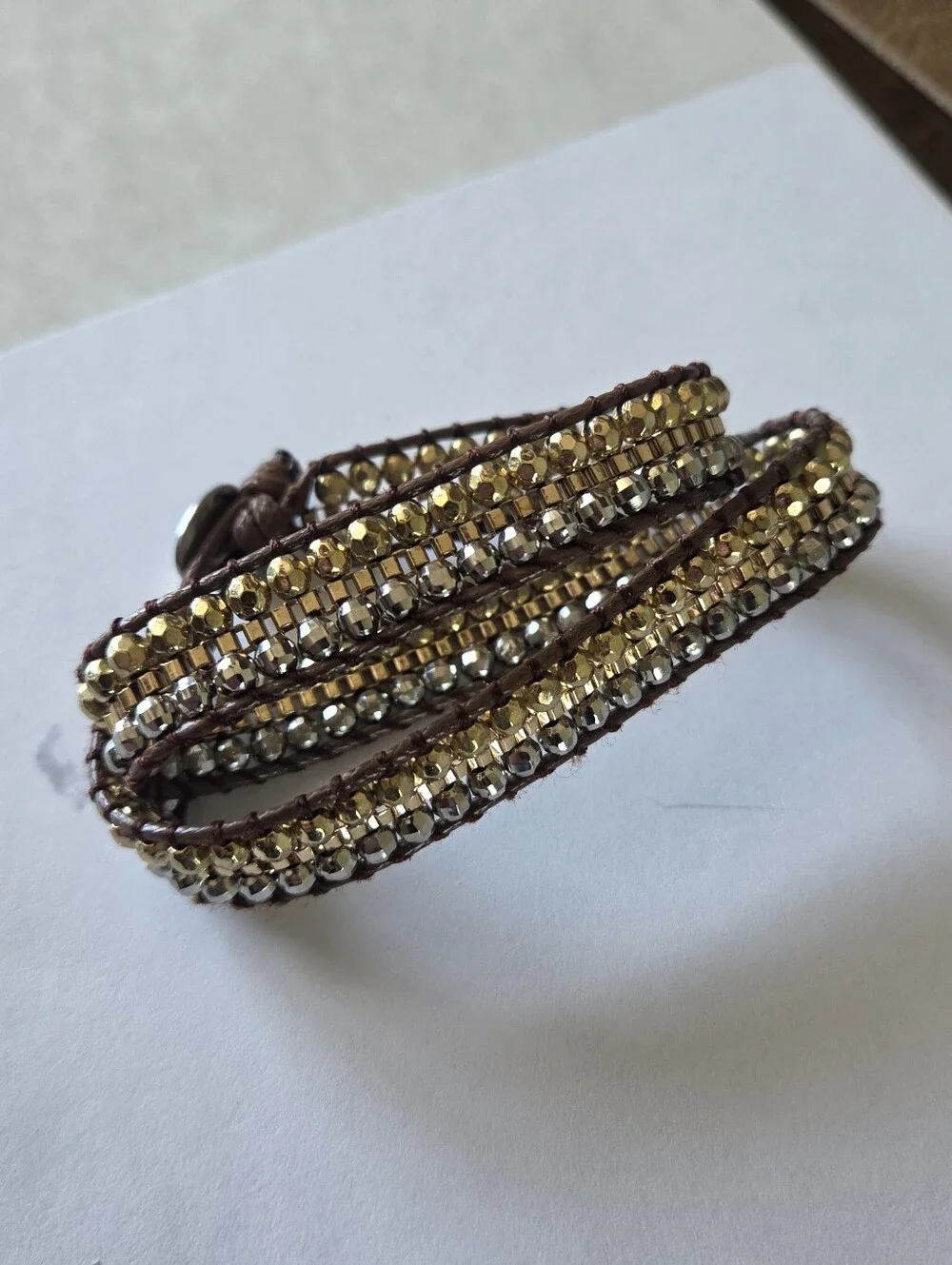 Katie Soleil Beaded Wrap Bracelet Gold Silver Mixed Metal Metallic Leather Boho